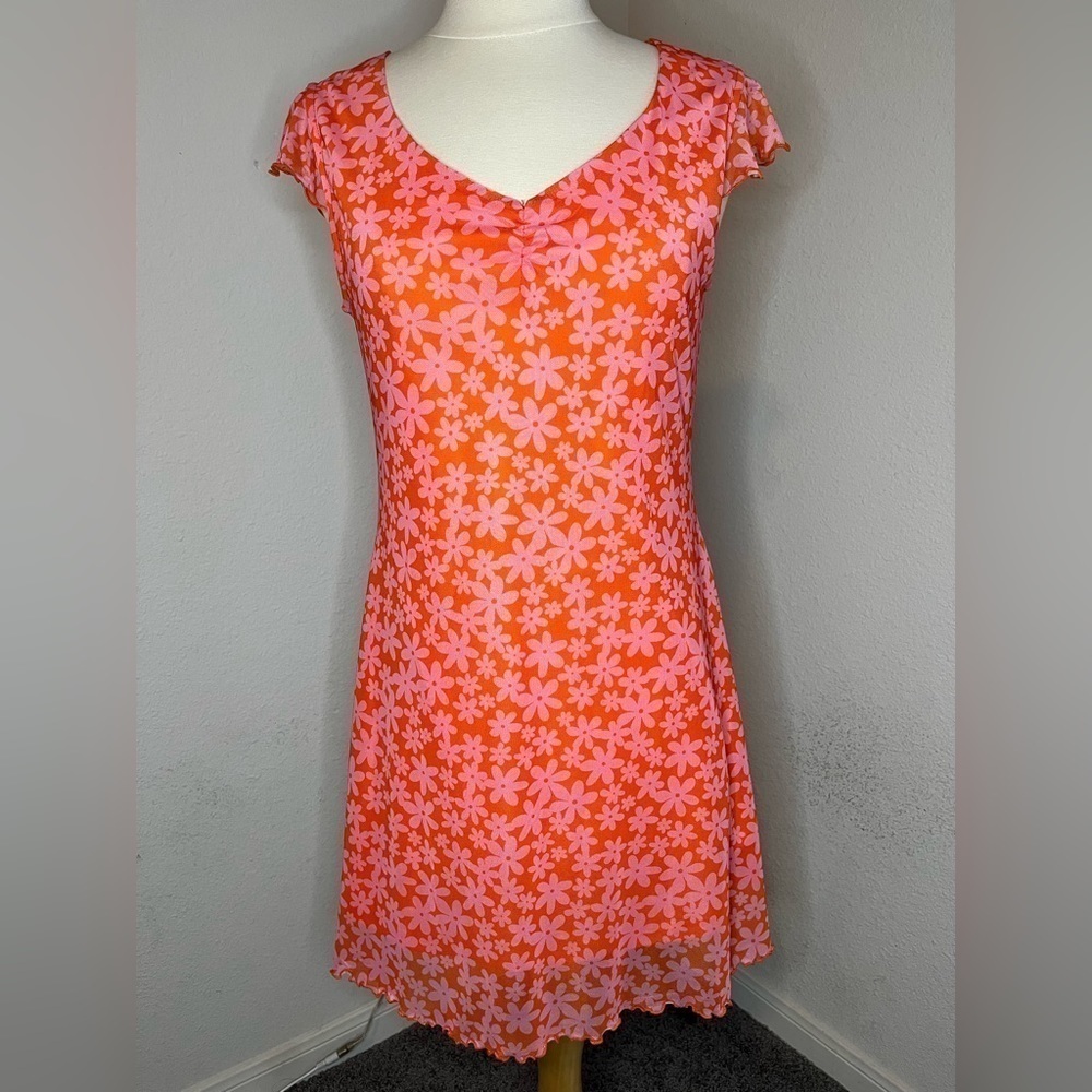 Wild Fable Orange and pink floral dress with lettuce style sleeves and hem small